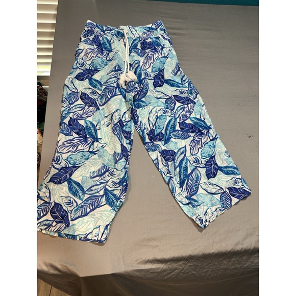 Sigrid Olsen Linen Pants Pull On Elastic Waist Wide Leg Crop Blue Floral Size L - Picture 1 of 8
